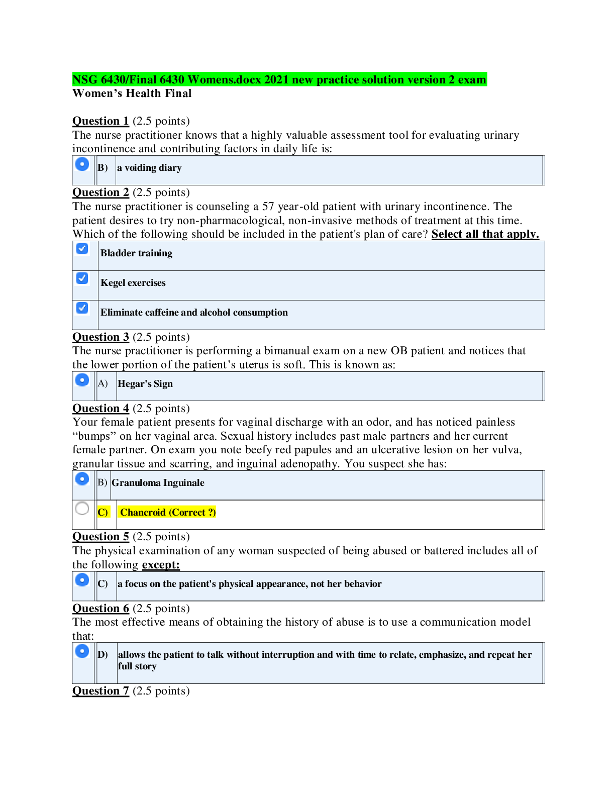 Preview image of NSG 6430/Final 6430 Womens.docx 2021 new practice solution version 2 exam document